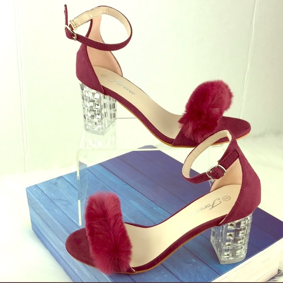 Forever Shoes - Burgundy Woman’s Clear Chunky Heels Strapped